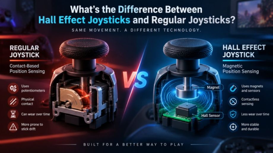 Comparison graphic showing a regular joystick using contact-based potentiometers versus a Hall Effect joystick using magnetic, contactless position sensing. The Hall Effect design is presented as more durable, with less wear and reduced risk of stick drift.