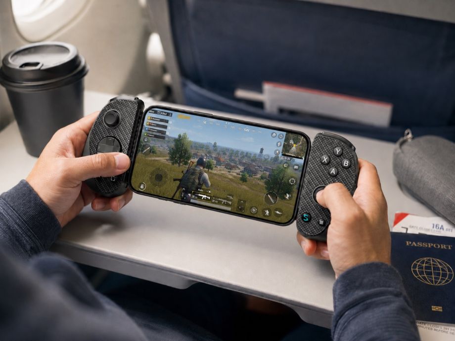 A person uses a smartphone attached to a USB-C mobile gaming controller while playing a battle royale game during a flight. The controller provides ergonomic console-style controls for comfortable gaming in an airplane seat, with a travel coffee cup and passport nearby, highlighting portable gaming on the go.