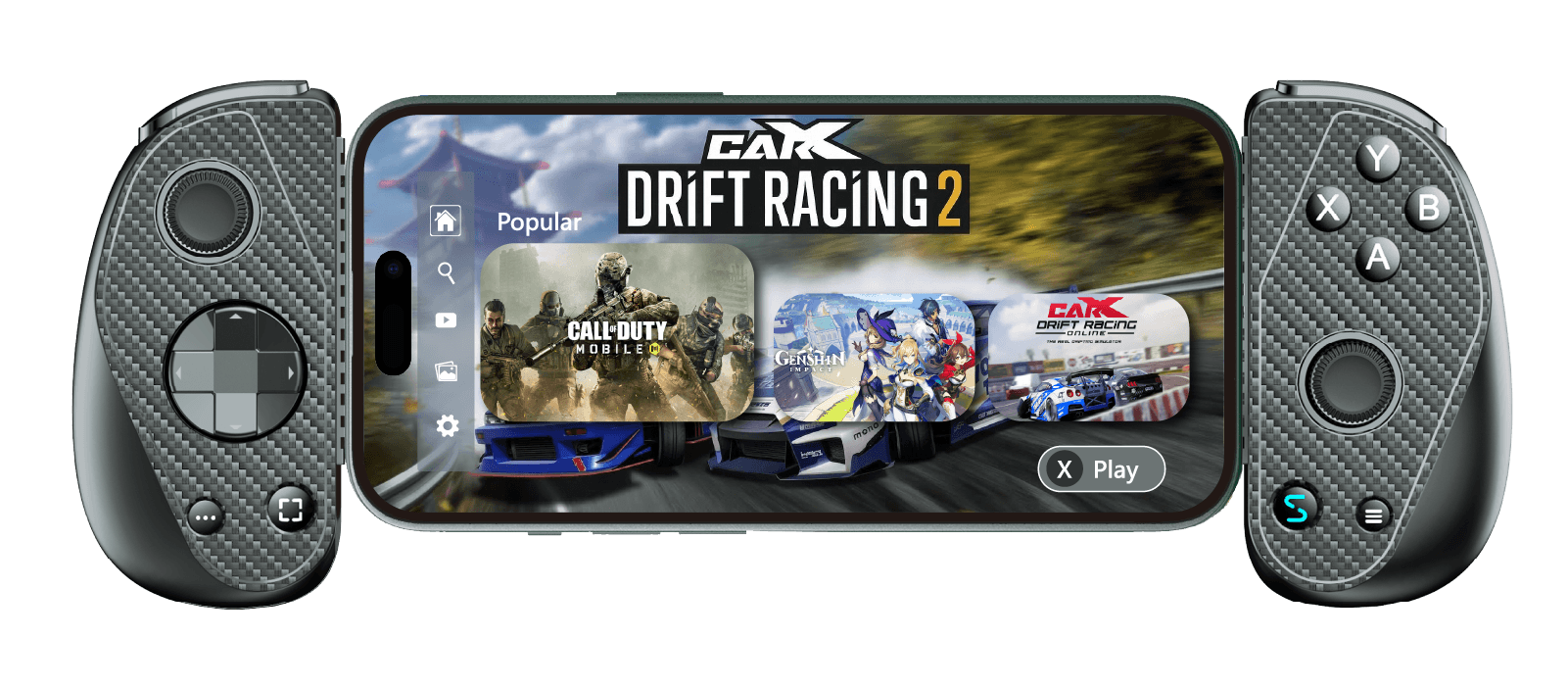 Serafim S3 cloud gaming controller connected to a smartphone, displaying racing and mobile games on screen.