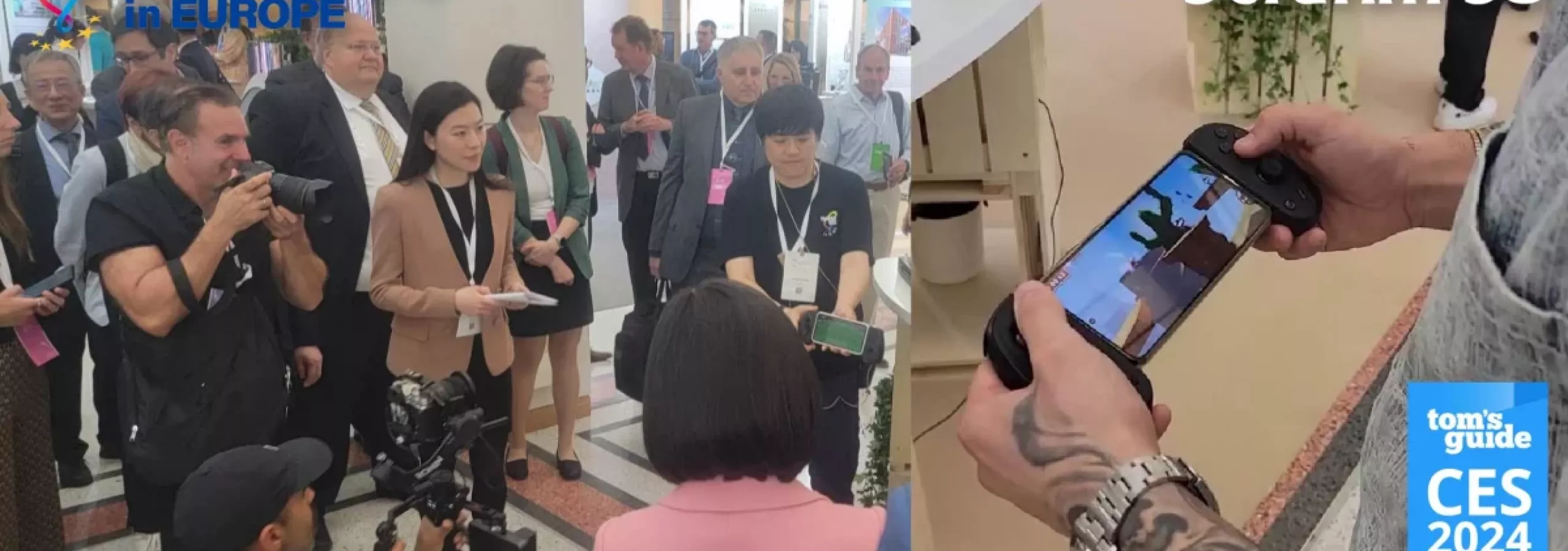 Media outlets and booth visitors demonstrate the Serafim S3 Game Controller at Taiwan Expo in Germany