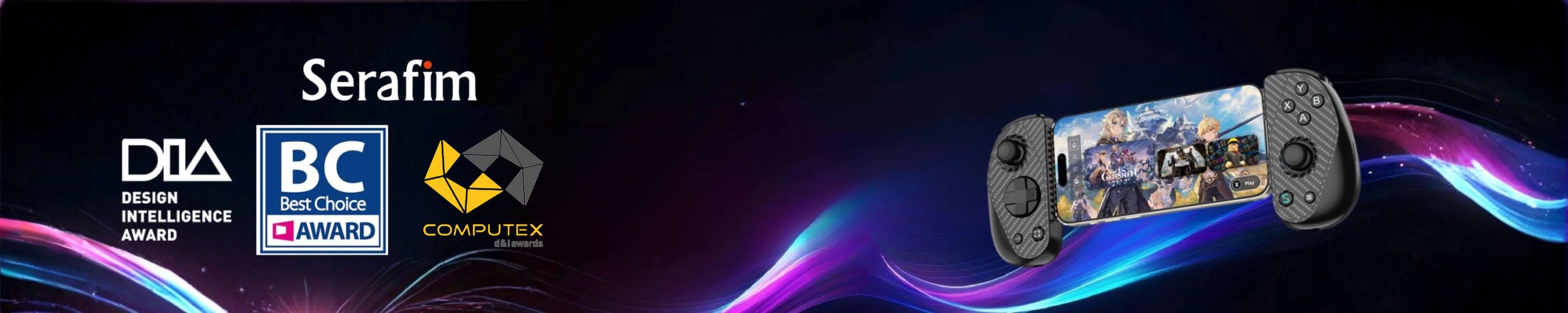 Wide promotional banner for Serafim featuring award logos including the Design Intelligence Award, BC Best Choice Award, and COMPUTEX d&i Awards on the left side. On the right, a smartphone mounted in a black Serafim mobile gaming controller displays Genshin Impact gameplay. The background features a dark futuristic gradient with flowing neon blue, purple, and pink light trails, creating a dynamic gaming aesthetic.