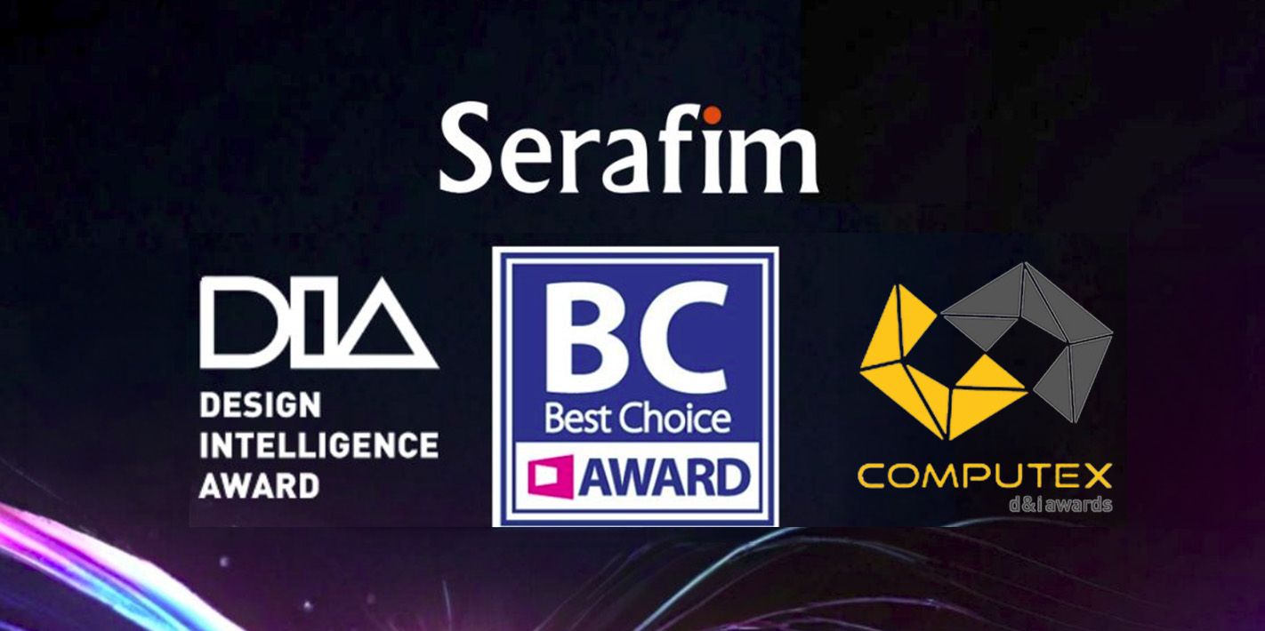 Wide promotional banner for Serafim featuring award logos including the Design Intelligence Award, BC Best Choice Award, and COMPUTEX d&i Awards on the left side. On the right, a smartphone mounted in a black Serafim mobile gaming controller displays Genshin Impact gameplay. The background features a dark futuristic gradient with flowing neon blue, purple, and pink light trails, creating a dynamic gaming aesthetic.