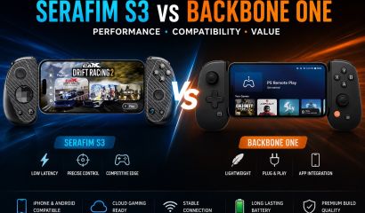 Side-by-side comparison of the Serafim S3 and Backbone One mobile gaming controllers. The graphic highlights differences in performance, compatibility, and value, with the Serafim S3 emphasizing low latency, precise control, and a competitive gaming experience, while the Backbone One focuses on lightweight design, plug-and-play convenience, and app integration. Additional icons indicate support for iPhone and Android, cloud gaming, stable connectivity, long battery life, and premium build quality.