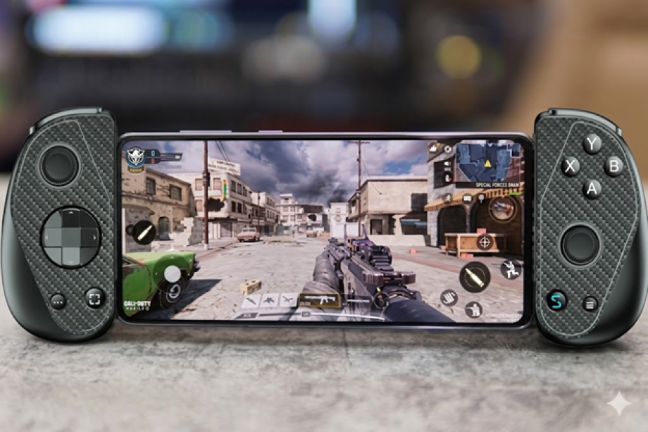 Serafim S3 mobile game controller attached to a smartphone displaying a first-person shooter game, featuring dual analog sticks, textured ergonomic grips, and console-style controls for immersive mobile gaming.