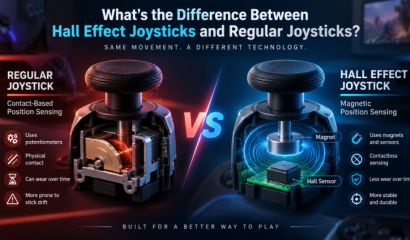 Comparison graphic showing a regular joystick using contact-based potentiometers versus a Hall Effect joystick using magnetic, contactless position sensing. The Hall Effect design is presented as more durable, with less wear and reduced risk of stick drift.