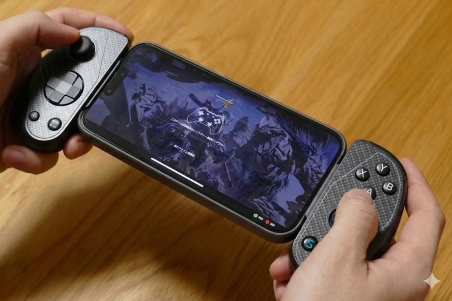 Close-up of a person holding a smartphone attached to a USB-C mobile gaming controller while playing an action game. The ergonomic controller features dual analog sticks, a D-pad, and face buttons, providing console-style controls for mobile gaming. The device is shown in use on a wooden tabletop, demonstrating a comfortable handheld gaming setup.