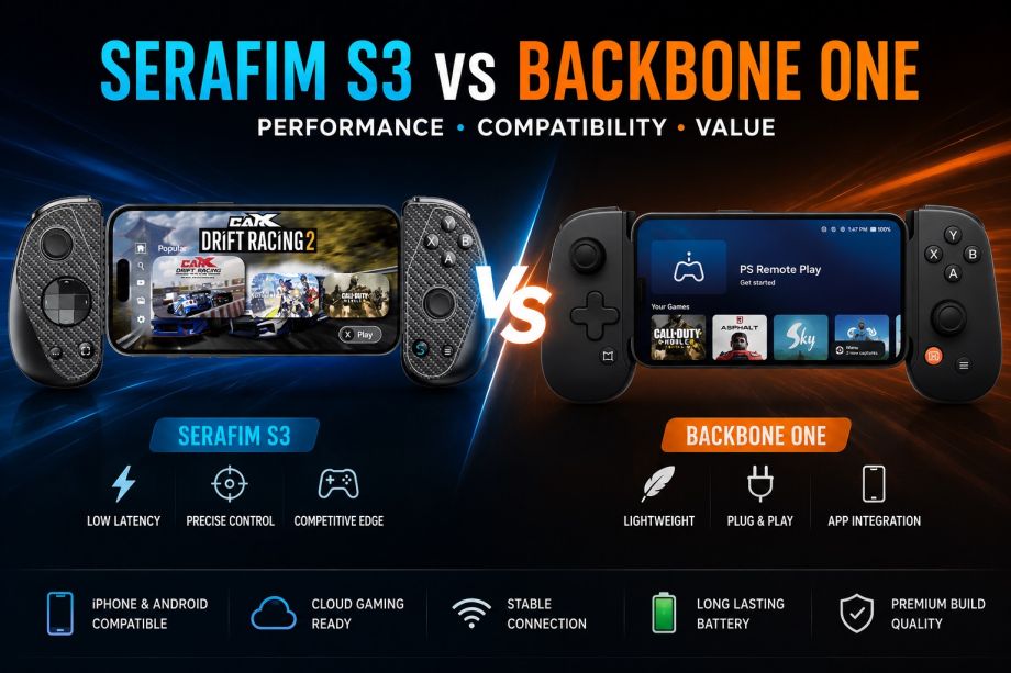 Side-by-side comparison of the Serafim S3 and Backbone One mobile gaming controllers. The graphic highlights differences in performance, compatibility, and value, with the Serafim S3 emphasizing low latency, precise control, and a competitive gaming experience, while the Backbone One focuses on lightweight design, plug-and-play convenience, and app integration. Additional icons indicate support for iPhone and Android, cloud gaming, stable connectivity, long battery life, and premium build quality.