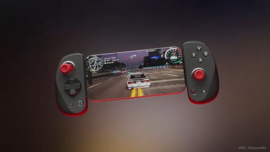 Serafim mobile gaming controller attached to a smartphone displaying a racing game at night. The controller features black ergonomic grips with red analog sticks and a textured carbon-fiber style finish, while the phone shows high-speed driving gameplay with dashboard HUD elements against a dark gradient background.