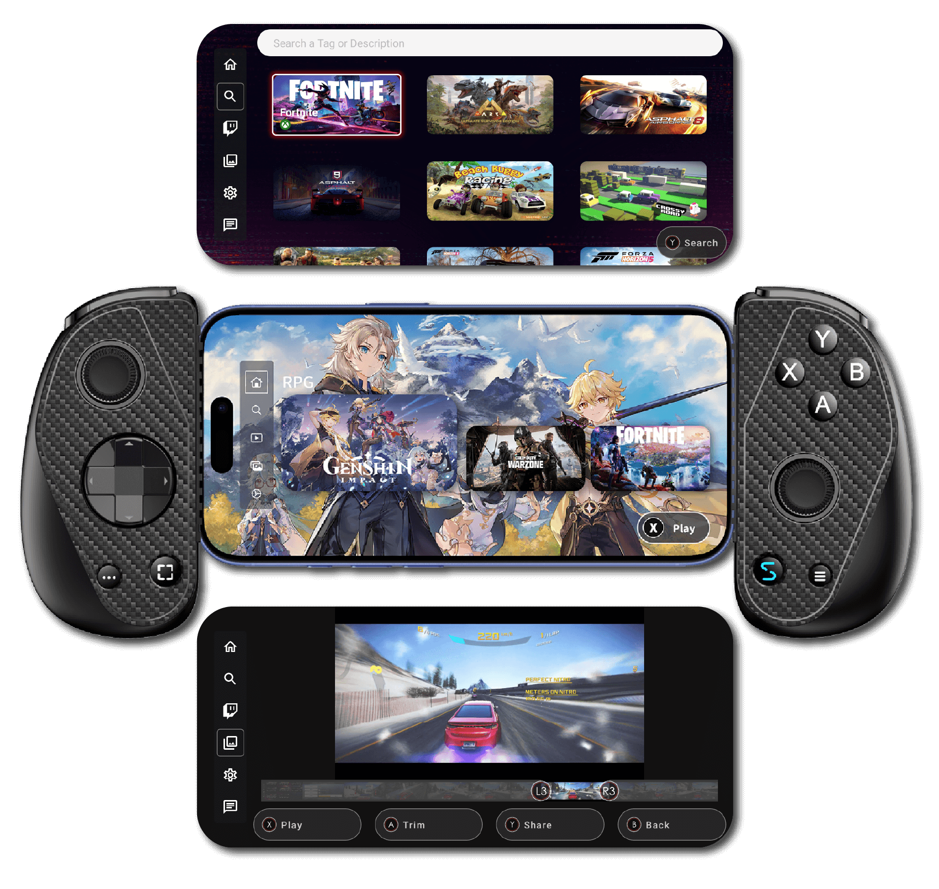 Serafim Console app with game list, gameplay recording, and the live streaming feature