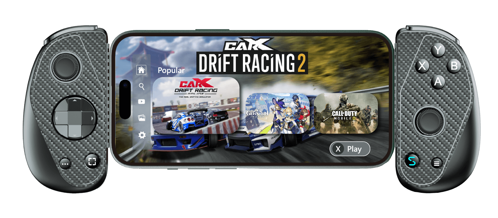 Serafim S3 cloud gaming controller connected to a smartphone, displaying racing and mobile games on screen.