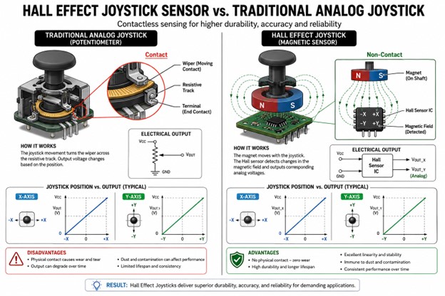 Technical infographic comparing a Hall Effect joystick sensor with a traditional analog joystick potentiometer. The left side explains contact-based analog joystick mechanisms with resistive tracks, moving wipers, and wear-related disadvantages, while the right side illustrates contactless Hall Effect magnetic sensing using magnets and Hall sensor ICs for improved durability, accuracy, and long-term reliability. Includes engineering diagrams, electrical output schematics, magnetic field visualization, and joystick response graphs for X-axis and Y-axis movement.