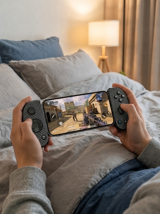 Comfortable gaming experience with a smartphone controller in a cozy bedroom setting