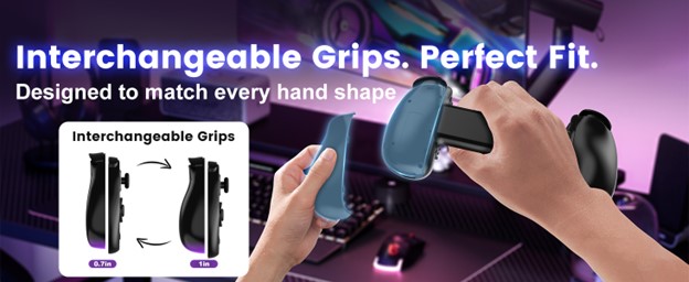 Promotional graphic showcasing interchangeable ergonomic grips for the Serafim S3 mobile gaming controller. Two hands are shown swapping detachable controller grip covers in front of a colorful gaming desktop setup with RGB lighting. The image highlights customizable grip sizes designed to fit different hand shapes, alongside a side-by-side comparison illustration of interchangeable grip options.