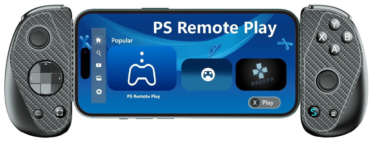Product image of a smartphone attached to a USB-C mobile gaming controller displaying the PS Remote Play interface. The on-screen menu shows PS Remote Play alongside other gaming apps, illustrating support for console game streaming on mobile devices with ergonomic physical controls for a handheld gaming experience.
