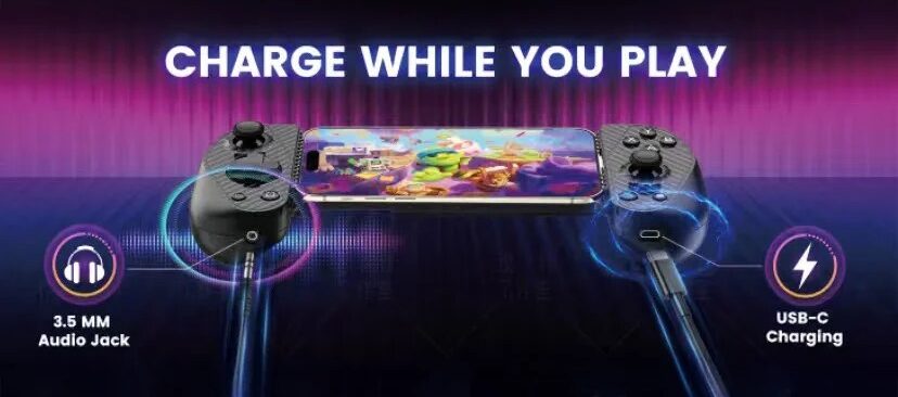 Promotional graphic showing a smartphone attached to a USB-C mobile gaming controller with the headline “Charge While You Play.” The image highlights two built-in features: a 3.5 mm audio jack for wired headphones and USB-C charging for pass-through power during gameplay, allowing extended gaming sessions without interrupting charging.