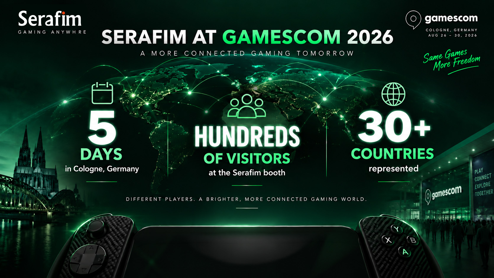 Serafim at Gamescom 2026 infographic highlighting five days in Cologne, hundreds of visitors to the Serafim booth, and attendees from more than 30 countries.
